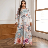 Gaun Maxi Islami Longgar Berhias Manik-Manik Rhinestone dan Motif Bunga, Model Abaya Muslim Mewah untuk Pesta dan Liburan