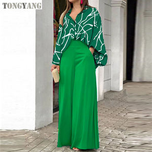TONGYANG 2-teiliges Set Neu bedruckter Freizeit anzug Lose großes Revers hemd Hohe Taille Flare Pants Zweiteiliges Set Herbst Frau Kleidung - Product Image 4