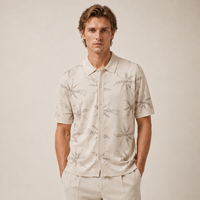 Pull en maille pour homme en coton biologique à col polo et manches courtes, jacquard floral, entièrement boutonné, OEM