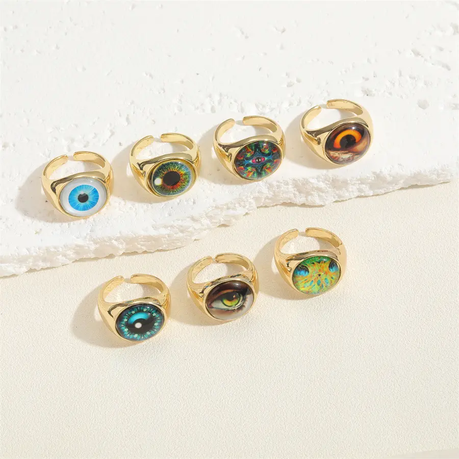 Wholesale 2024 Custom Trendy Neo Gothic Flat Top Enamel Cambered Inlay Demon Eye Finger Rings For Unisex Style