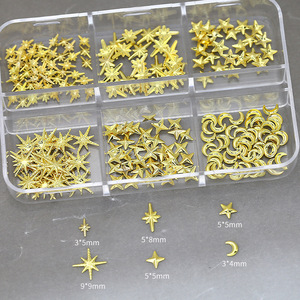 Breloques 3D pour nail art, motifs étoile, lune et étoile à cinq branches, boîte de 6 compartiments, accessoires de décoration d'ongles en alliage pour salon - Product Image 5