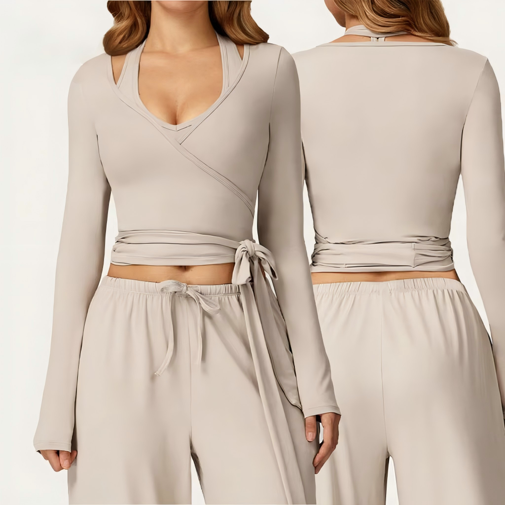 Solid Color Quick Drying Breathable Long Sleeved Integrated Tie Yoga Top Suitable for Outdoor Sports and Fitness