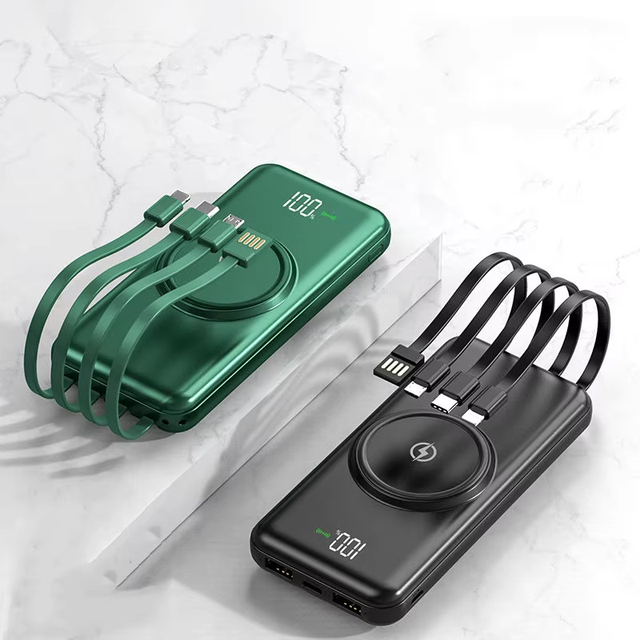 OEM/ODM Custom Portable 10000mAh High Capacity Power Bank with Wireless Charging LED Display and Built-in Cables