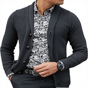 Pull cardigan en tricot de coton et fibre de bambou pour homme, col en V, couleurs contrastées, printemps-automne, simple boutonnage - Product Image 3
