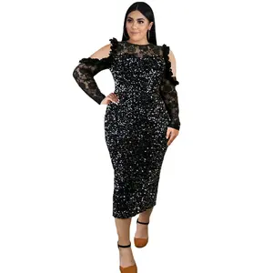 最新のスリムフィットブラックレースファッションドレス女性のパーティープラスサイズのエレガントなドレス女性のイブニングパーティードレススパンコール