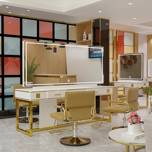 Muebles de Salón Modernos de Metal Dorado Resistente con Espejo para Peluquería, Lámpara LED, <span class=keywords><strong>Imagen</strong></span> de Alta Definición y Múltiples Espacios de Almacenamiento - Product Image 1