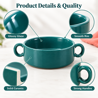 Bol en céramique à double poignée, couleur unie brillante, bol à soupe empilable, bol de service en céramique, couleur et motif personnalisés, OEM ODM, vente en gros