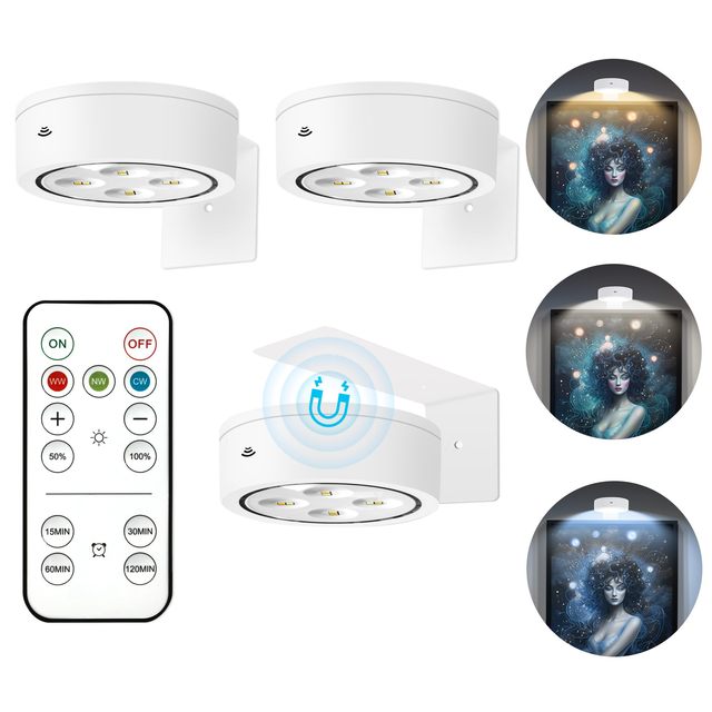 White Golden Black Wireless Home Wall Decor Puck Light 3 Color Changing Led Art Display Wall Lamps Rechargeable Picture Light