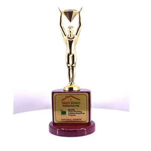 Trofeo de reconocimiento de excelencia con acabado dorado y base de madera, figura humana sosteniendo un símbolo geométrico. - Product Image 4