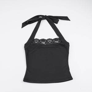เสื้อสายเดี่ยวคอ halter ผ้าถักระบายอากาศสีพื้นเรียบง่าย แต่งลูกไม้ สำหรับผู้หญิง สไตล์ลำลอง ใส่ได้ในฤดูร้อน - Product Image 2