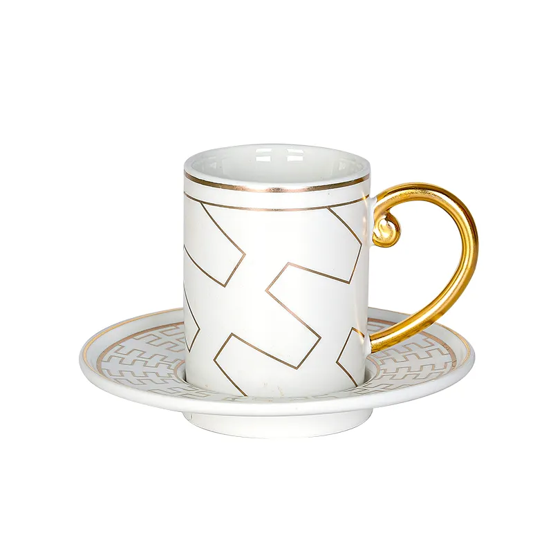 KING'S चीनी मिट्टी के बरतन कस्टम सफेद सोने Decal डिजाइन तुर्की एस्प्रेसो कॉफी कप और तश्तरी चीनी मिट्टी के कप मग