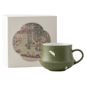 Tasse à café en céramique peinte à la main avec glaçure verte, motif grue, pour la maison, tasse à thé, tasse à lait - Product Image 5