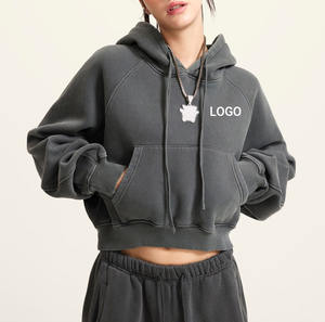 Autumn/Winter 2024 European and American Trendy Brand Women's <b>Retro</b> Washed Plus Fleece Drop-shoulder Hooded Short <b>Sweatshirt</b> - Product Image 1