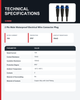 Conector Eléctrico Impermeable IP67 de 2 Pines, 10A, 300V, Macho, Redondo, para Iluminación LED de Calles