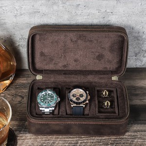 Boîte de rangement pour montres et bijoux en cuir Crazy Horse vintage, 3 emplacements, fermeture éclair anti-choc, rectangulaire, portable, boîte cadeau de voyage pour montres - Product Image 2