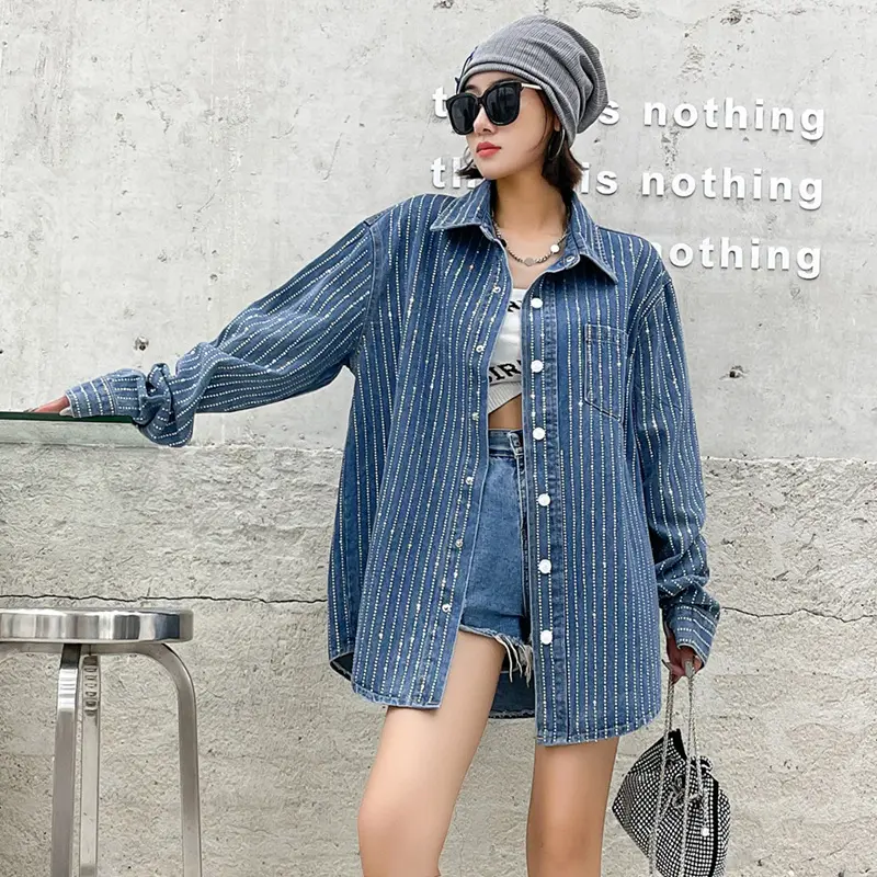 Großhandel Frühling European Striped Crystal Hot Diamond Denim New Loose Casual Vielseitige Langarm Damen hemden