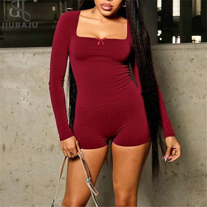 Casual Street Women 2 Piece Set Fashion Concise Solid Square Neck Full Sleeve <strong>Tees</strong>+Slim Shorts Female <strong>Basic</strong> Daily Outfits - Product Image 1