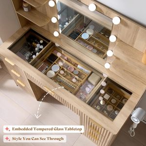 Ensemble de coiffeuse en panneau de particules avec finition mélamine blanche, tiroirs et étagères, et ampoules intégrées - Product Image 5
