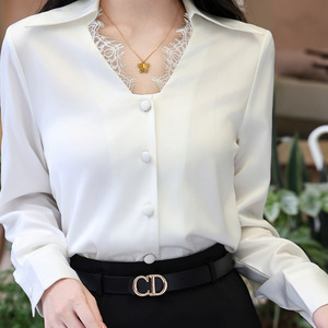 Lace Trimmed Collar Long Sleeve Shirt Women White Office Blouse Solid Color Poplin Fabric 2025 Spring Style - Product Image 4