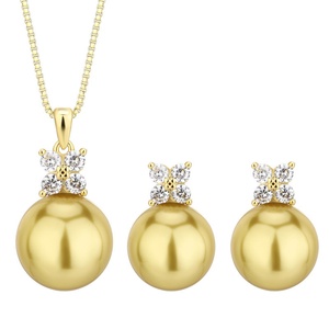 Fashion Eco-friendly Copper Simple Daily Wear Necklace <b>Earrings</b> Set Gold Plated 14-12mm Golden Shell Pearl Jewelry Set for Women - Product Image 1