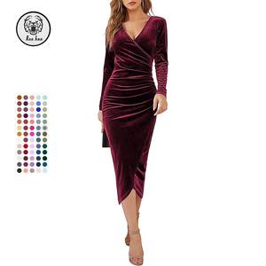 여자 랩 V-넥 원피스 벨벳 우아한 긴 소매 인어 칵테일 원피스 이브닝 가운 긴 주름 장식 파티 드레스 - Product Image 1