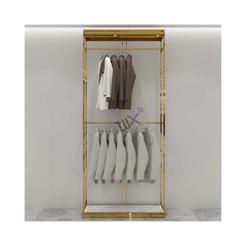 LUX Fashion Gold Shiny Men & Women Store Furniture Design With Wall Mount Gold Clothes Rack For Clothing Display Store