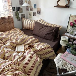 Set copripiumino 3 pezzi in cotone 100% color crema bordeaux righe traspirante resistente per camera da letto Boho - Product Image 5