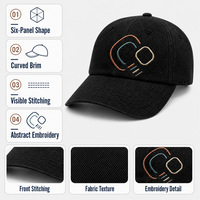 Casquette de baseball en jean noir avec broderie abstraite pour le streetwear décontracté quotidien, le sport en plein air, chapeau à 6 panneaux et visière incurvée