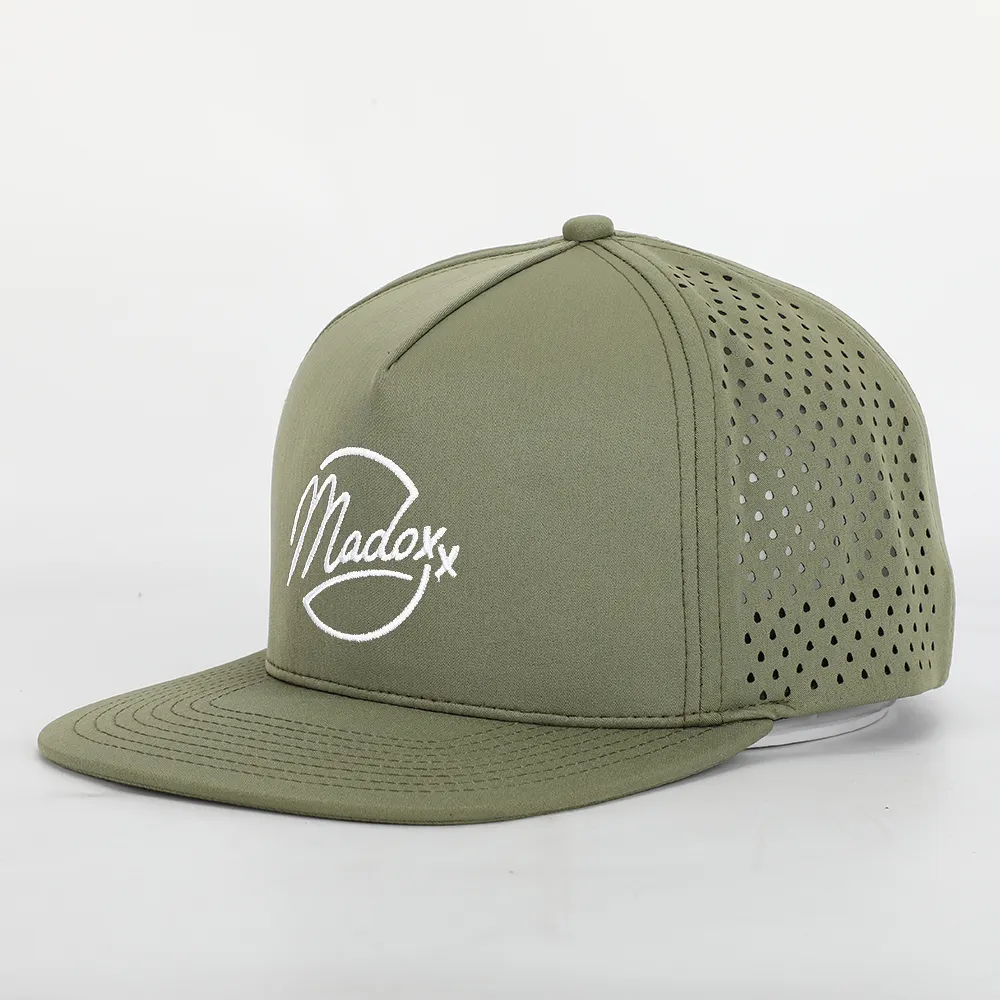 Custom 5 Panel Embroidery Logo Army Green Flat Bill Hip Hop Luxury Snapback Caps,Waterproof Laser Cut Hole Perforated Hat