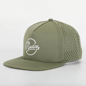 Logotipo do bordado personalizado, 5 painéis verde exército conta plana hip hop luxo snapback tampas, à prova d' água laser corte furo perfurado