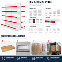 Étagère Gondole Robuste Double Face en Métal Gris Clair avec Panneau Perforé et Bordure Rouge, 5 Niveaux Empilables pour Supermarché et Commerce de Détail