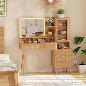 Natural <strong>Walnut</strong> Wood Dresser <strong>Table</strong> Vanity Bedroom Drawers <strong>Dressing</strong> <strong>Table</strong> With Side Cabinet and Lighted Mirror - Product Image 3