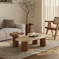 Table basse de salon personnalisée de haute qualité, durable, écologique, au design moderne, en travertin rouge et en bois de caoutchouc, meubles pour la maison