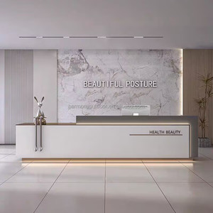 Comptoir <span class=keywords><strong>de</strong></span> réception en marbre plaqué or avec logo personnalisé, idéal pour salon <span class=keywords><strong>de</strong></span> beauté, bureau ou bar, avec éclairage LED intégré - Product Image 2