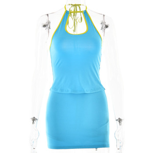 Ensemble deux pièces dos nu pour femmes, col licou, couleur unie, polyester, costume décontracté pour le printemps et l'été - Product Image 5