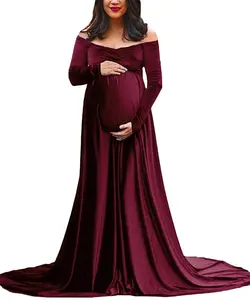 2020 새로운 임신 파티 우아한 긴 소매 섹시한 어깨 벨벳 맥시 이브닝 출산 드레스