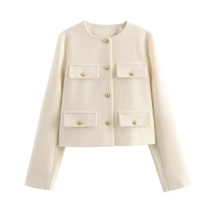 Fashonツイードジャケット女性用秋冬長袖シングルブレストクロップドコート女性用ソリッドOネックポケットアウタートップ - Product Image 2