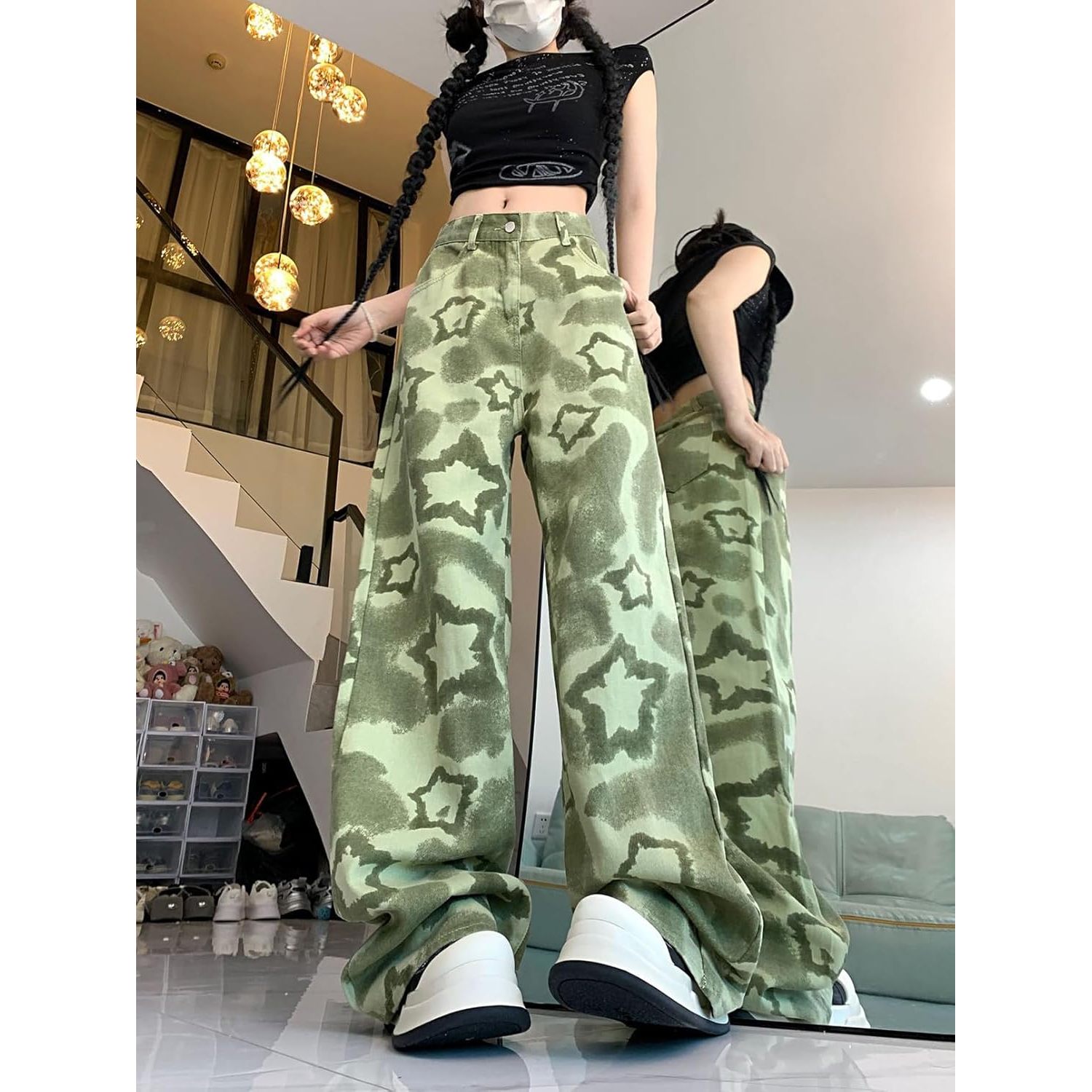 2025 Women's Y2K Camo Jeans High Rise Straight Baggy Star Print