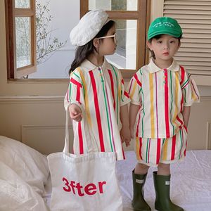 Ensemble tricoté rayé en coton délavé à l'enzyme style coréen pour filles (chemise-robe) <span class=keywords><strong>et</strong></span> garçons (short à manches courtes) - Product Image 2