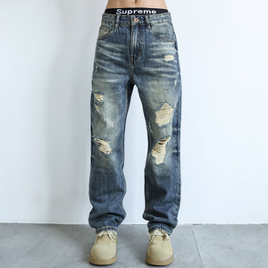 กางเกงยีนส์เดนิมทรงตรงหลวมสไตล์สตรีทแบรนด์ A25A Camellia 9909 ดีไซน์เท่ห์ ขาดๆ ซีดๆ งานหนัก แต่งปลายขาแบบ Cat's Whisker - Product Image 1