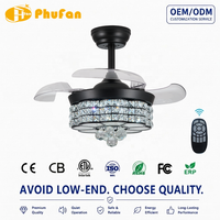 Kipas Angin Plafon Kristal Bilah PC Retractable Dengan Lampu LED Remote Control Motor DC LED Dapat Diredupkan untuk Restoran Dapur Kamar Tidur