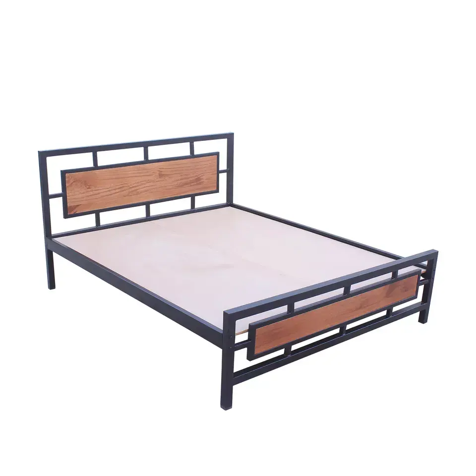Industrial Metal Wood double size bed bedroom furniture manufacturer metal beds