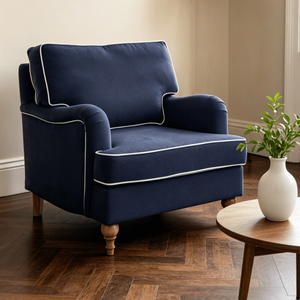 Poltrona Hampton Blu Navy 100% Lino con Gambe <span class=keywords><strong>in</strong></span> <span class=keywords><strong>Legno</strong></span> di Quercia Massello, <span class=keywords><strong>Seduta</strong></span> Imbottita <span class=keywords><strong>in</strong></span> Schiuma, Sedia Singola <span class=keywords><strong>per</strong></span> Soggiorno e Hotel - Product Image 1