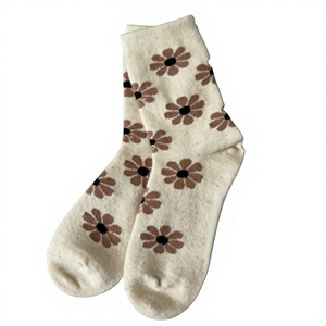 Wholesale Cream Floral Crew <b>Socks</b> 100% Mongolian Sheep Wool Knitted <b>Winter</b> Warm <b>Thick</b> Flower Pattern <b>Socks</b> for Women - Product Image 3