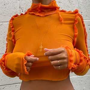 2022 Hot <span class=keywords><strong>Sale</strong></span> New Fashion Damen Blumen blusen Mehrfarbiger Blumen druck High Collar Langarm Crop Top Damen Tanktops - Product Image 4