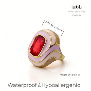 Anillos de Acero Inoxidable 316L al por Mayor, Chapados en <span class=keywords><strong>Oro</strong></span> PVD de 18K, con Banda de Esmalte Colorido y Gran Gema, Joyería de Moda para Mujer - Product Image 6