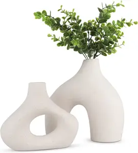 Modern White Ceramic Vases Set Round Matte Donut Design for Pampas Grass and Flowers for Minimalist Boho
