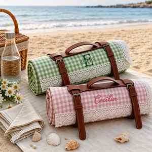 Custom Embroidered Modern Polyester Gingham Picnic <b>Blanket</b> Personalised Name Single Layer Lace Trim Portable Outdoor <b>Beach</b> Gifts - Product Image 1