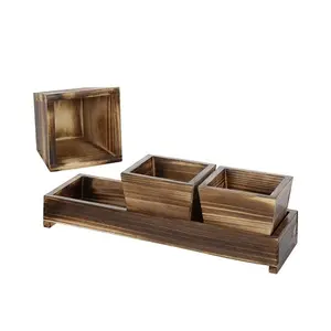 Natural Wooden Flower Pot Rectangle Wooden Succulent Case Set Of 3 Torched Wood Succulent Planter Square Pots