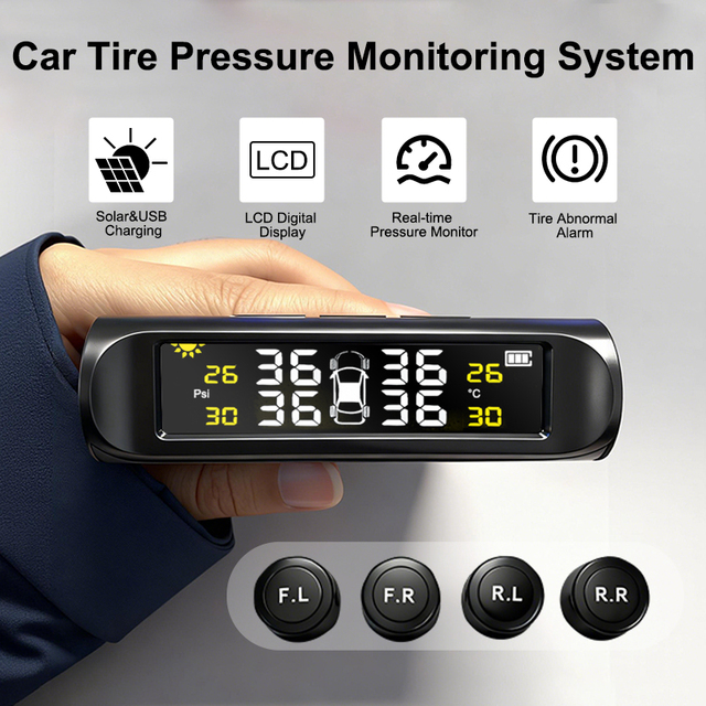 Abnormal Alarm Prompt 4 Wheels External Sensors Solar Power & USB Charging Tire Pressure Monitoring System TPMS for Car
